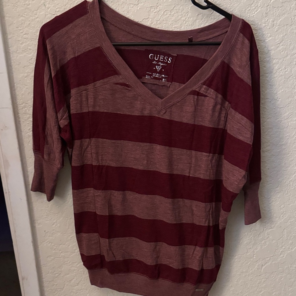 Guess Women's Burgundy and Pink Striped Tee